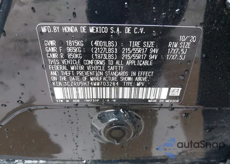 2021 Honda Hr-V 2Wd Ex-L из США, поврежденный, VIN 3CZRU5H74MM703284